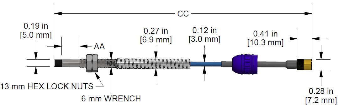 A dimension drawing of a Standard Mount CTC PRO Line Hazardous-Area Approved DP1009 with Armor proximity probe.